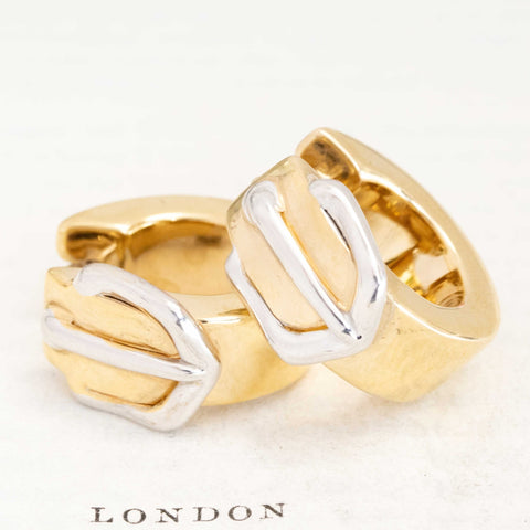 Vintage Italian buckle hoop huggie earrings in 14kt two-tone gold – alternate view 3