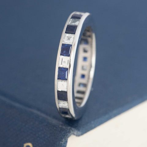2.95ctw Vintage Carre Cut Diamond & Sapphire Eternity Band by Tiffany & Co.