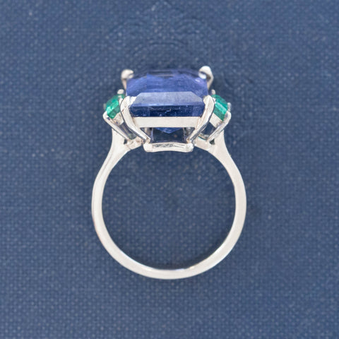 Side profile of GIA certified untreated sapphire ring with elongated center stone