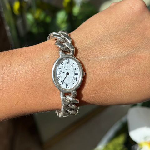 Vintage Chopard silver chunky curb link bracelet watch with oval dial – alternate view 2