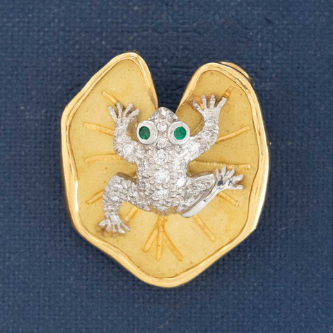 Vintage gold frog-on-lily-pad brooch with diamond pavé and emerald eyes