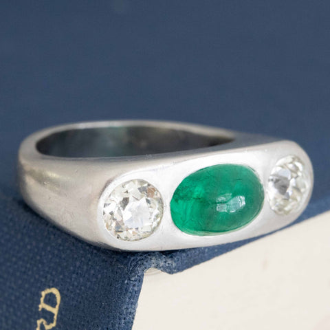 Vintage diamond and Russian emerald cabochon trilogy ring, GIA, platinum – alternate view 3