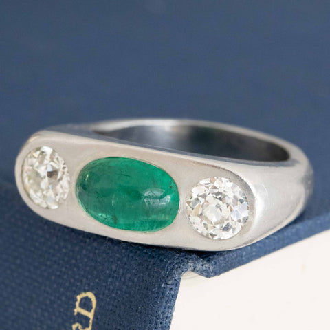 Vintage diamond and Russian emerald cabochon trilogy ring, GIA, platinum – alternate view 4