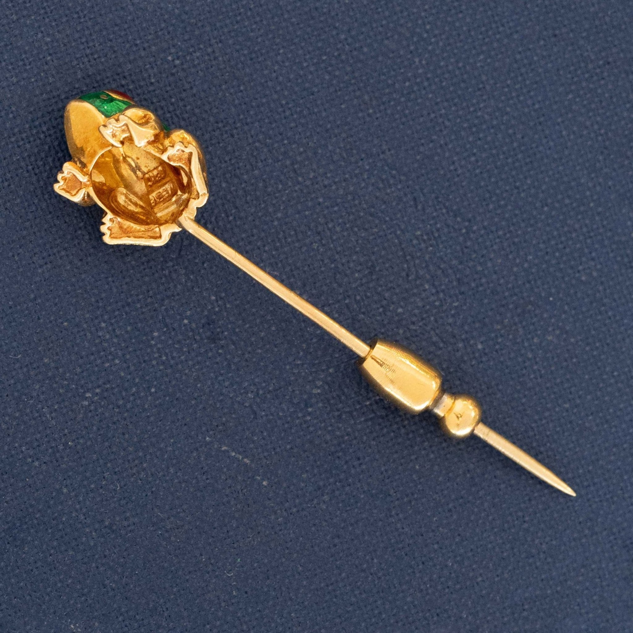 Vintage David Webb enamel frog pin in 18K yellow gold with ruby eyes, signed Webb 18K, from his iconic animal collection.