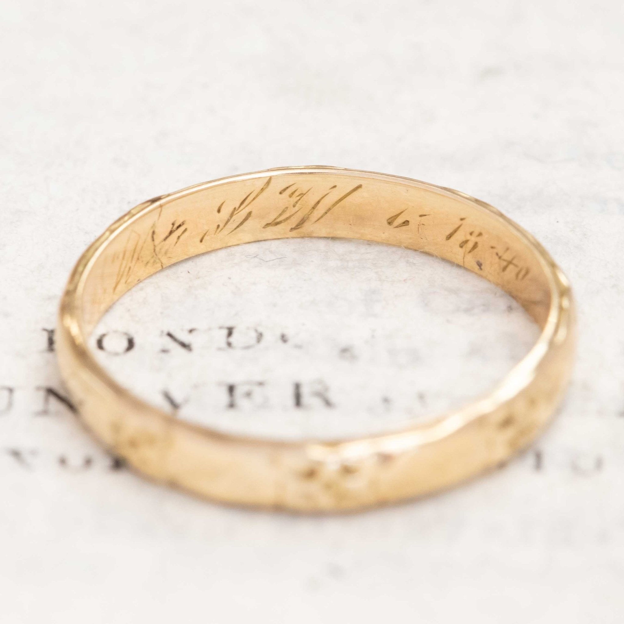Romantic 14kt antique gold etched wedding band, timeless design.