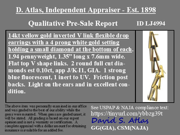 Elegant diamond link earrings in 14k yellow gold displayed on black stand.