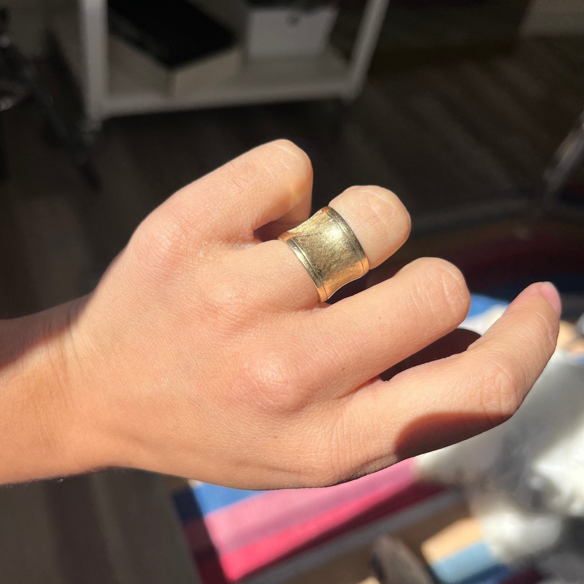 Cartier vintage wide gold band with Florentine textured finish, size 4.25