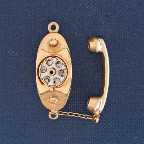 Vintage 14k yellow gold rotary phone charm with ‘I Love You’ dial