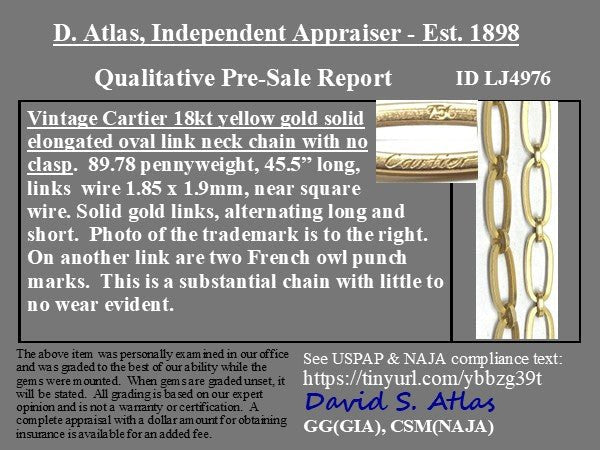 Vintage Cartier gold chain appraisal report with chain image and appraiser details.