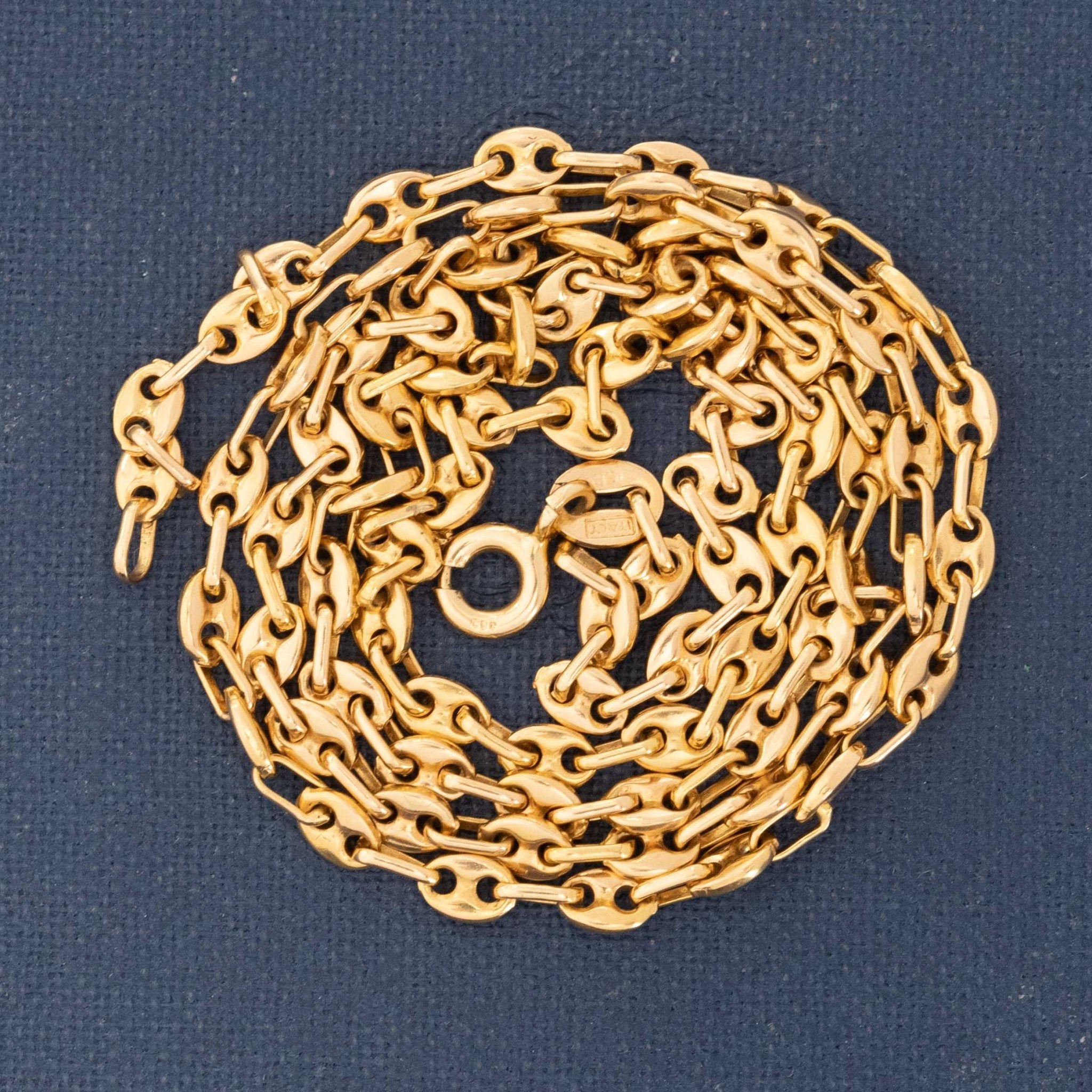 Close-up of 14k yellow gold mariner links showing classic anchor design
19-inch vintage gold mariner chain with 3.05mm width