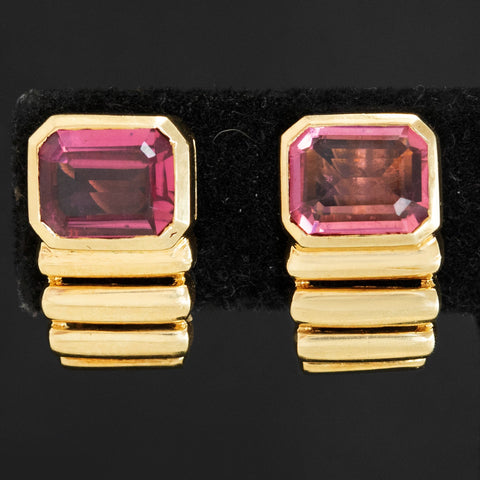 Vintage Pink Tourmaline Bezel Fluted Earrings, Italian