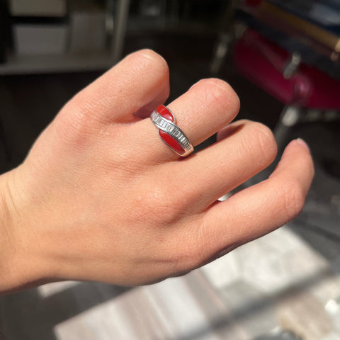 Vintage red enamel twist band with baguette cut diamonds in platinum – alternate view 2