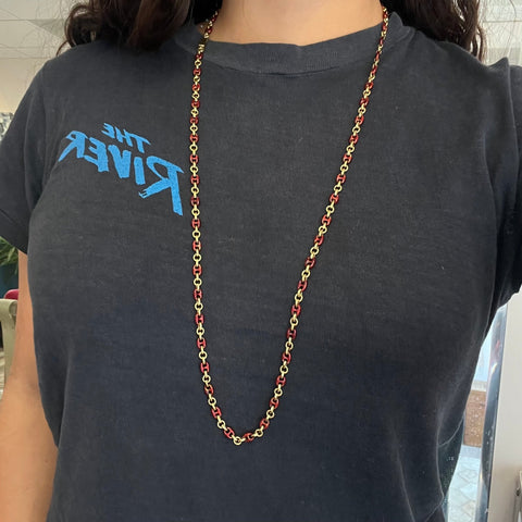 32" Vintage Red Enamel Gold Mariner Link Chain – Solid 18k Yellow Gold