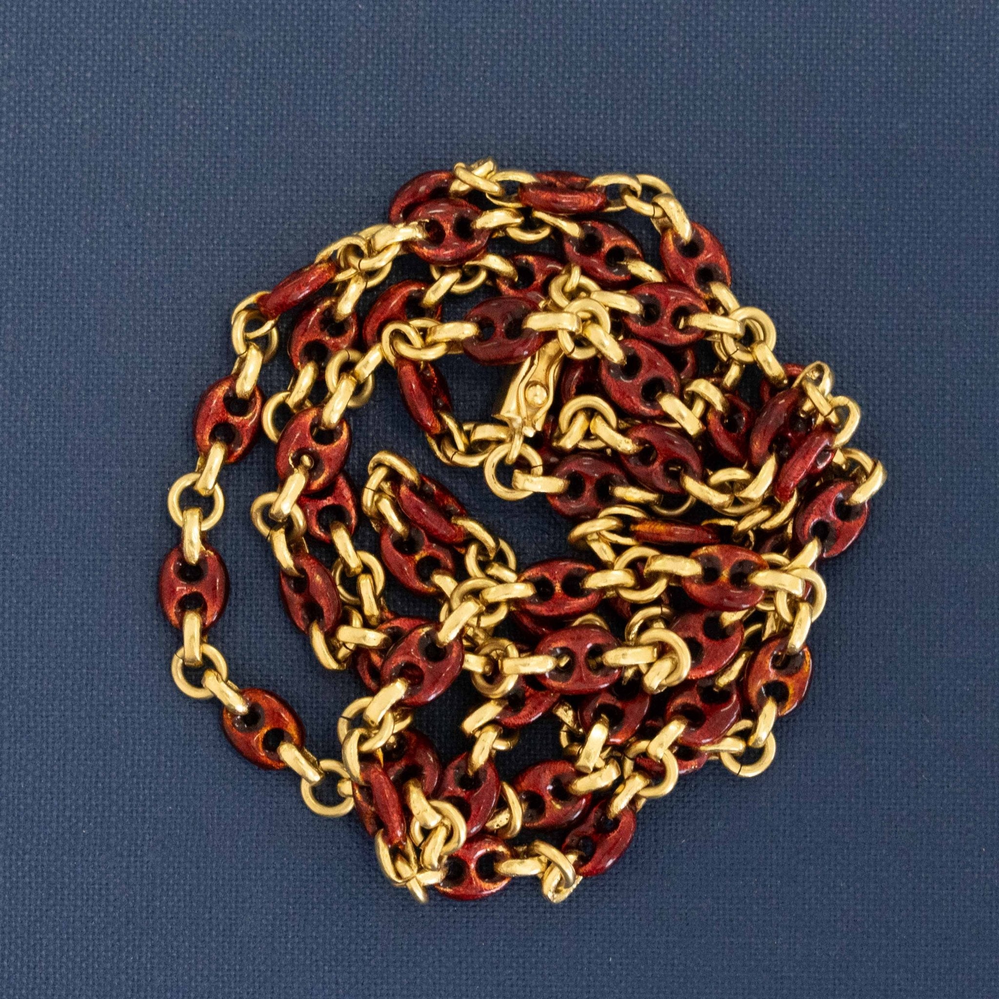 Red Enamel Mariner Link Necklace | Vintage / Estate, Solid 18k Gold