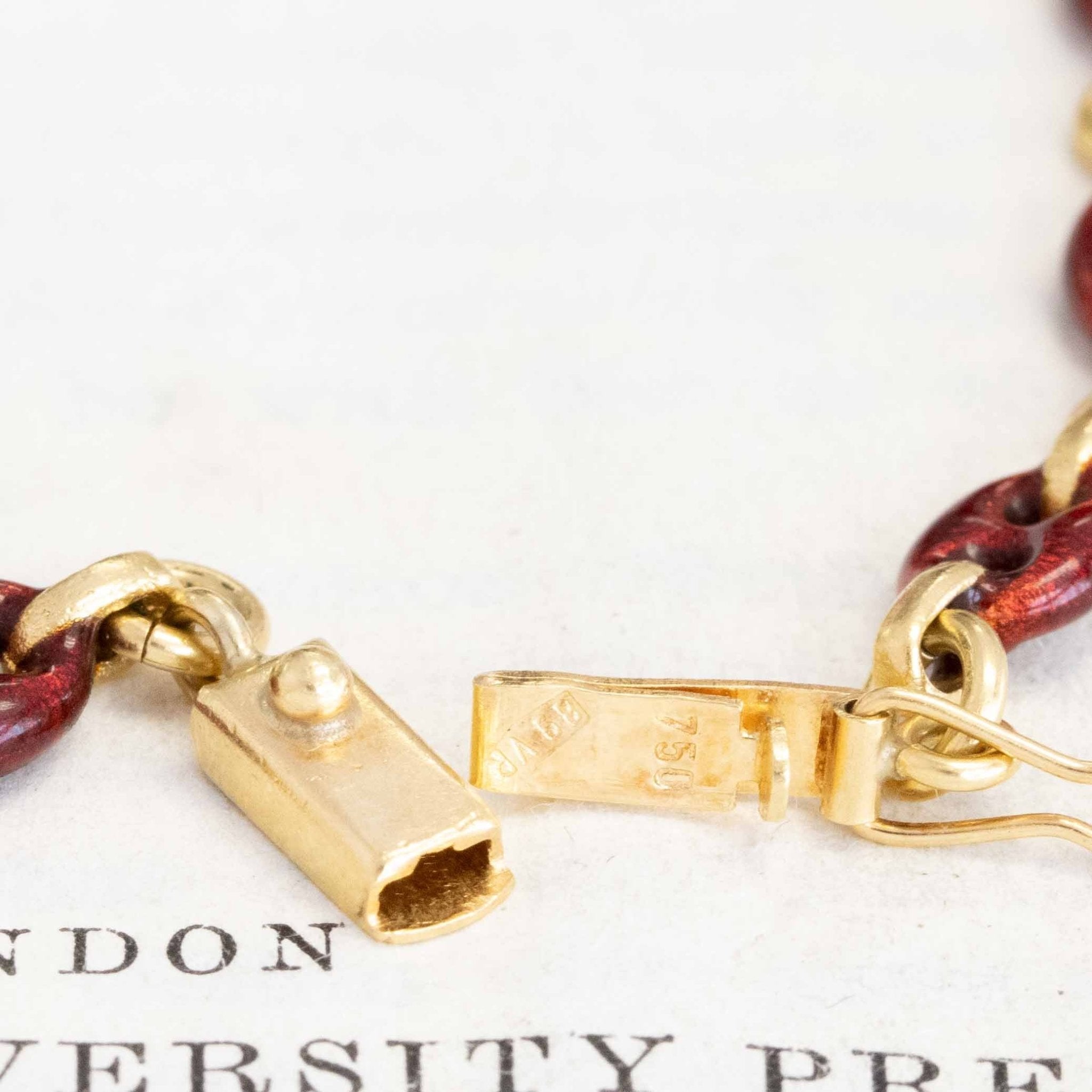 Close up luxury Long Chain: Vintage Red Enamel & 18k Gold Mariner Link (32")
