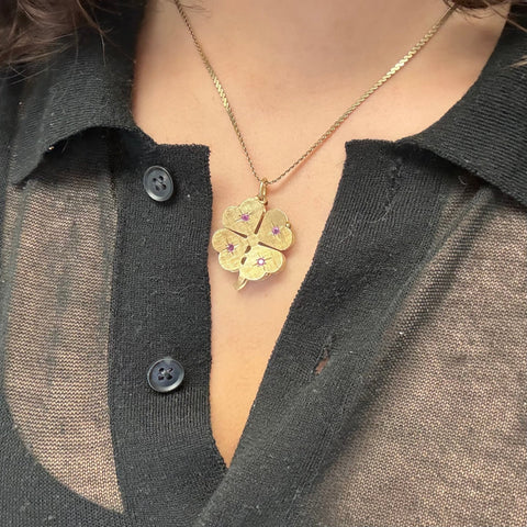 Vintage Ruby & Sapphire Four Leaf Clover Pendant