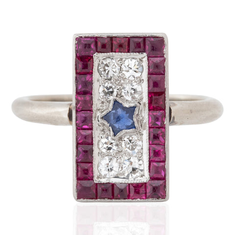Vintage Star Diamond, Ruby & Sapphire Cluster Ring