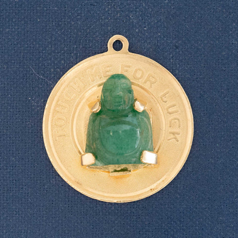 Vintage Touch Me For Luck green stone Buddha medallion charm in 14kt yellow gold