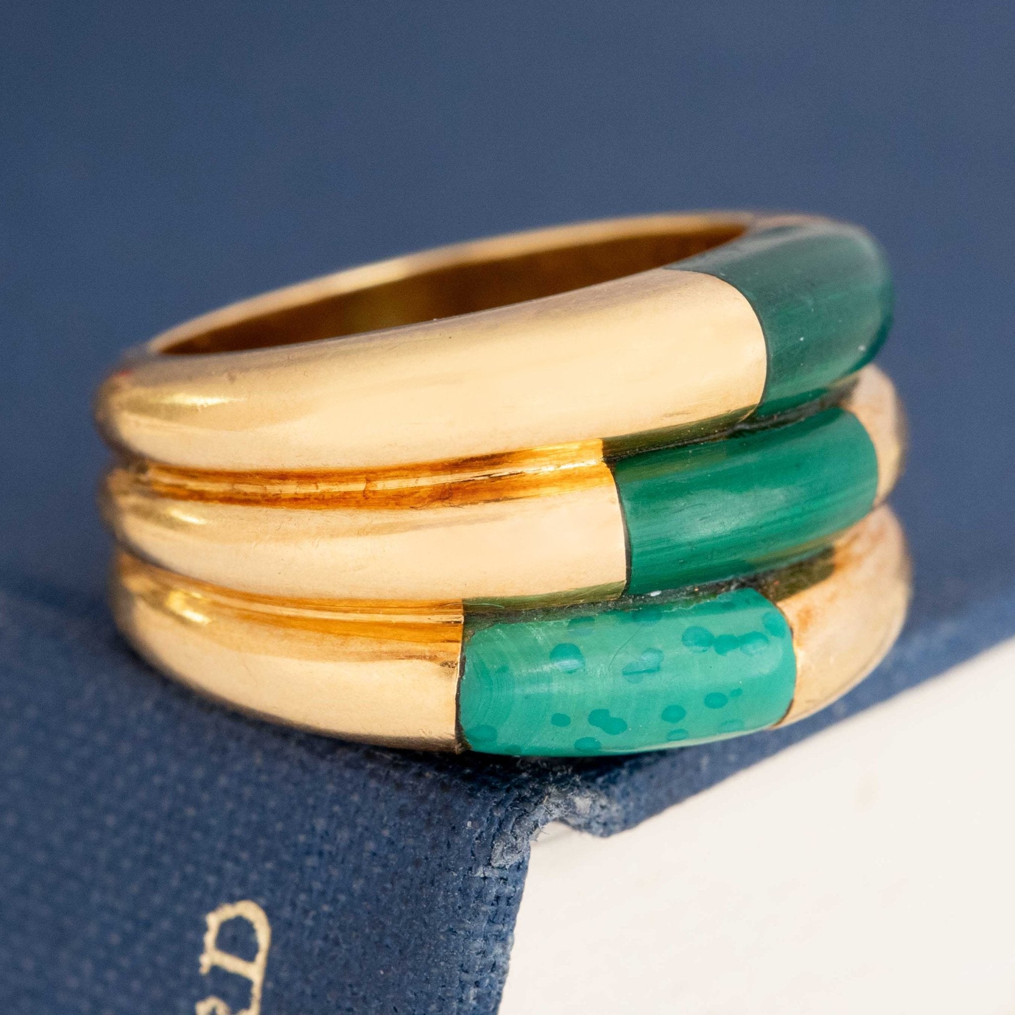 Green malachite and gold stacking band, mid-century jewelry