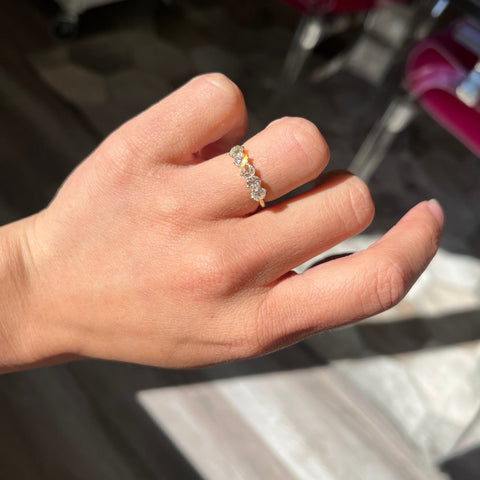 Elegant 1.17ctw Old Mine Cut Diamond 5-Stone Band, romantic design with Old Mine Cut Diamonds, Earth-mined diamonds in yellow gold shown on ring finger