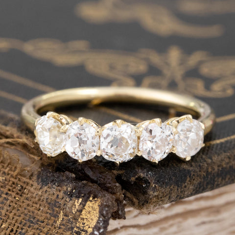 1.17ctw Old Mine Cut Diamond 5-Stone Band with Old Mine Cut Diamonds in yellow gold, antique-inspired one-of-a-kind wedding band