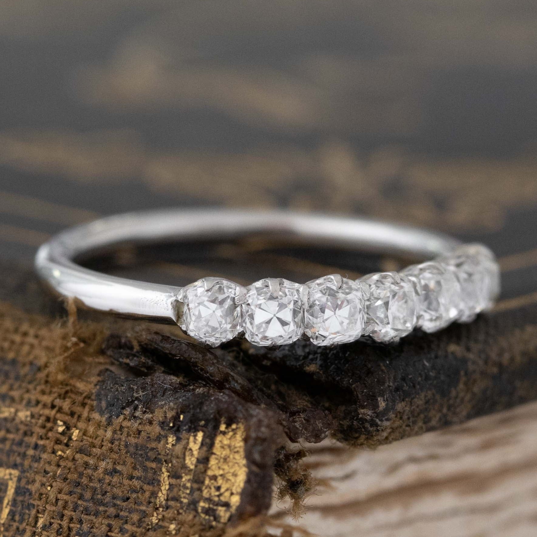 Historic style .68ctw Petite Old Mine Cut Diamond 7-Stone Band wedding band with Old Mine Cut Diamonds, unique heirloom in platinum