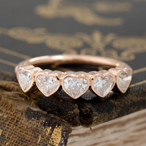 .92ctw Heart Cut Diamond 5-Stone Bezel Band with Antique Diamonds in rose gold, antique-inspired one-of-a-kind wedding band