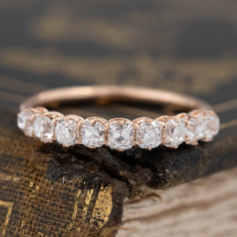 .93ctw Petite Old Mine Cut Diamond Half-Hoop 9-stone Band with Old Mine Cut Diamonds in rose gold, antique-inspired one-of-a-kind wedding band
