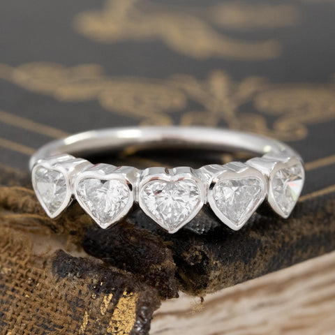 .96ctw Heart Cut Diamond 5-Stone Bezel Band with Antique Diamonds in platinum, antique-inspired one-of-a-kind wedding band