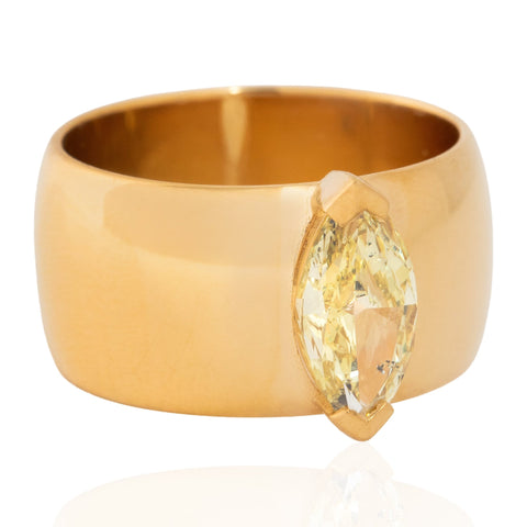 1.01ct GIA fancy yellow marquise cut diamond in a wide 22K gold cigar band ring – alternate view 3