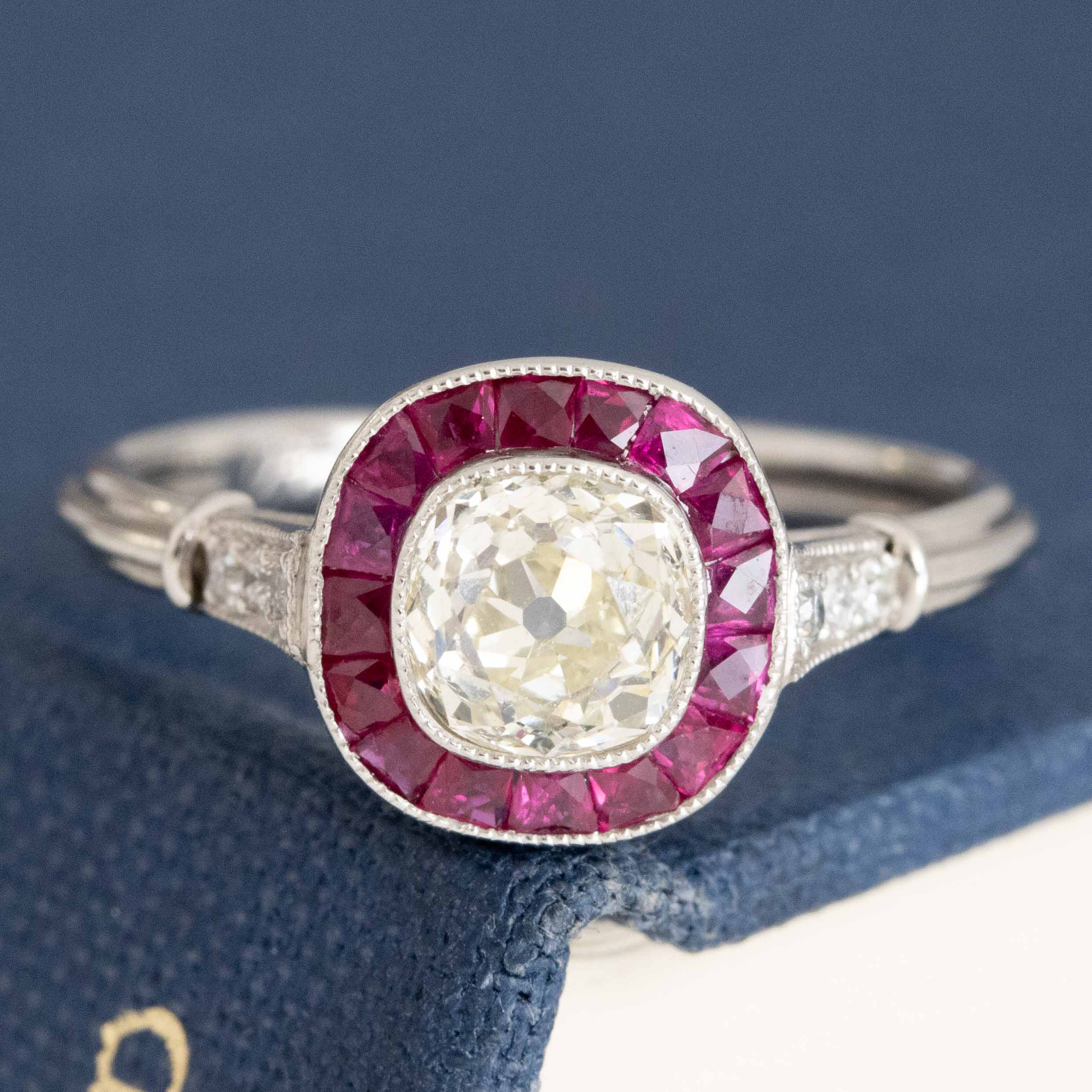 1.47ctw Old Mine Cut Diamond & Ruby Target Ring