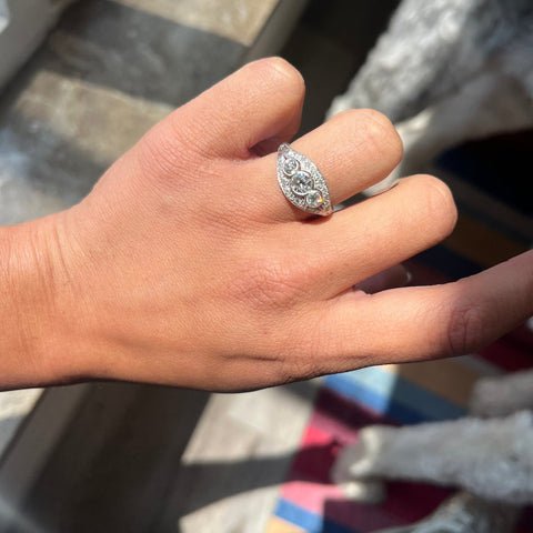 1.00ctw antique old European cut diamond 3-stone cluster ring with milgrain bezels and diamond halo, platinum – alternate view 2