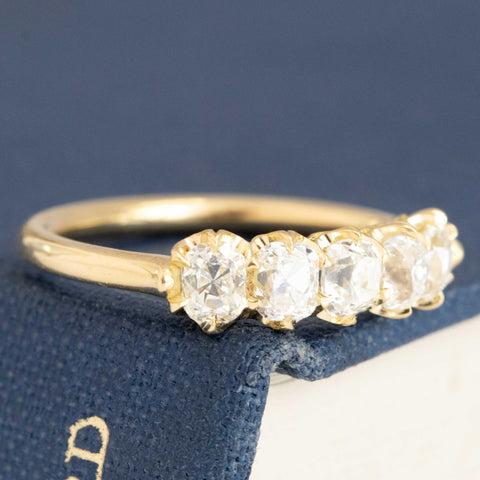 Historic style 1.00ctw Old Mine Cut Diamond 5-Stone Half-Hoop Band wedding band with Old Mine Cut Diamonds, unique heirloom in yellow gold