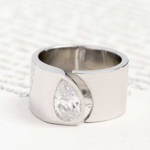 1.01ct Pear Cut Diamond Open Cigar Band, GIA E with Antique Diamonds in platinum, antique-inspired one-of-a-kind wedding band