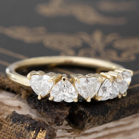 Historic style 1.01ctw Heart Cut Diamond 5-Stone Band wedding band with Antique Diamonds, unique heirloom in yellow gold