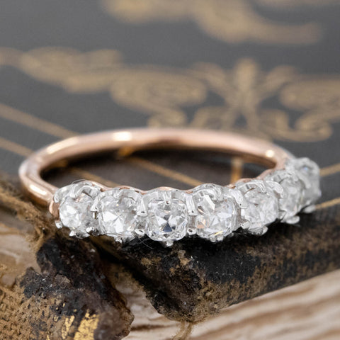 Historic style 1.01ctw Old Mine Cut Diamond 7-Stone Band wedding band with Old Mine Cut Diamonds, unique heirloom in platinum and rose gold