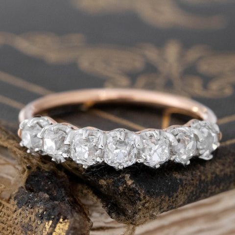 1.01ctw Old Mine Cut Diamond 7-Stone Band with Old Mine Cut Diamonds in platinum and rose gold, antique-inspired one-of-a-kind wedding band