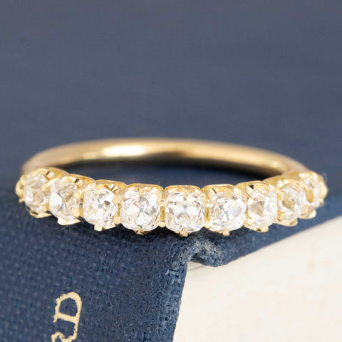 1.01ctw Old Mine Cut Diamond Half-Hoop 9-Stone Band with Old Mine Cut Diamonds in yellow gold, antique-inspired one-of-a-kind wedding band