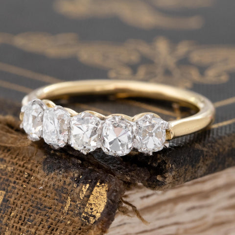 Antique lovers’ 1.02ctw Old Mine Cut Diamond 5-Stone Band in platinum and yellow gold, featuring rare Earth-mined Old Mine Cut Diamonds