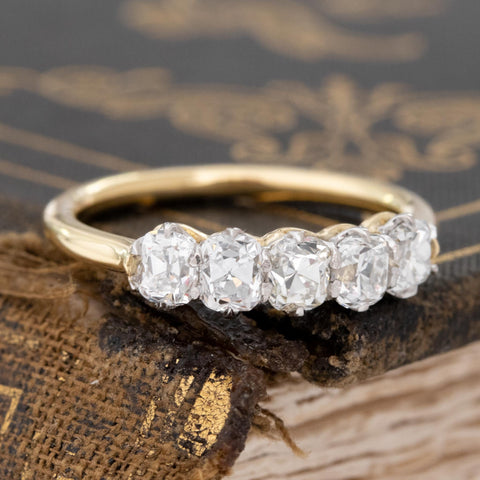 Historic style 1.02ctw Old Mine Cut Diamond 5-Stone Band wedding band with Old Mine Cut Diamonds, unique heirloom in platinum and yellow gold