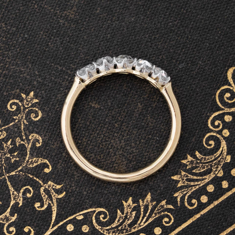 Close-up of 1.02ctw Old Mine Cut Diamond 5-Stone Band, vintage-inspired band with Old Mine Cut Diamonds, crafted in platinum and yellow gold
