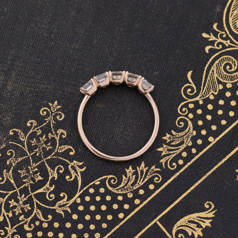 Close-up of 1.03ctw Asscher Cut Diamond 5-Stone Band, vintage-inspired band with Antique Diamonds, crafted in rose gold