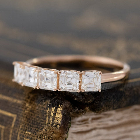 Antique lovers’ 1.03ctw Asscher Cut Diamond 5-Stone Band in rose gold, featuring rare Earth-mined Antique Diamonds