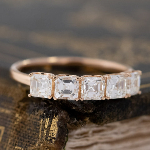 Historic style 1.03ctw Asscher Cut Diamond 5-Stone Band wedding band with Antique Diamonds, unique heirloom in rose gold