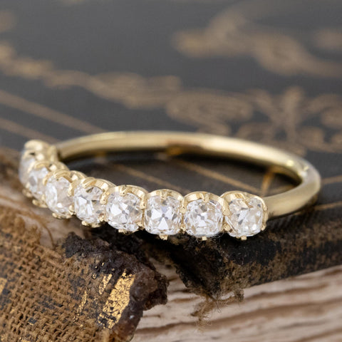 Antique lovers’ 1.03ctw Old Mine Cut Diamond 9-Stone Half-Hoop Band in yellow gold, featuring rare Earth-mined Old Mine Cut Diamonds