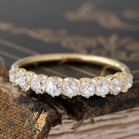 1.03ctw Old Mine Cut Diamond 9-Stone Half-Hoop Band with Old Mine Cut Diamonds in yellow gold, antique-inspired one-of-a-kind wedding band