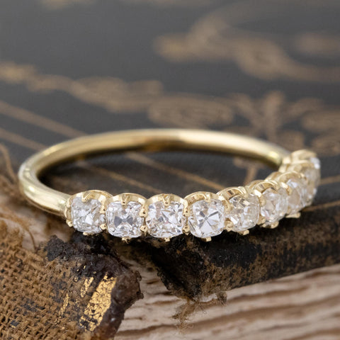 Historic style 1.03ctw Old Mine Cut Diamond 9-Stone Half-Hoop Band wedding band with Old Mine Cut Diamonds, unique heirloom in yellow gold