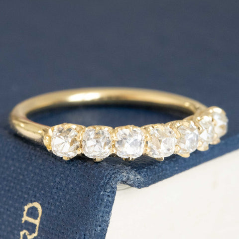 Historic style 1.03ctw Petite Old Mine Cut Diamond 7-Stone Half-Hoop Band wedding band with Old Mine Cut Diamonds, unique heirloom in yellow gold