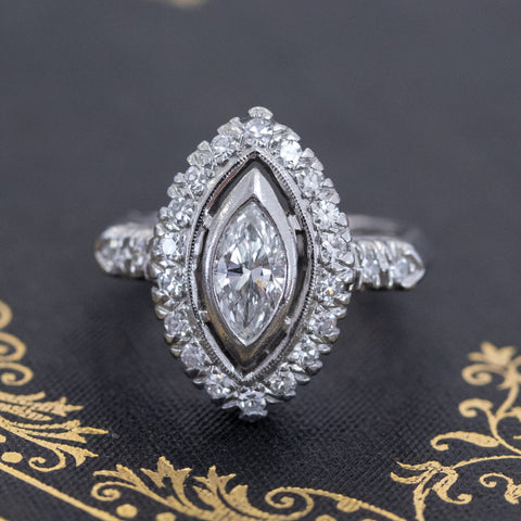 1.03ctw vintage marquise cut diamond navette ring in platinum