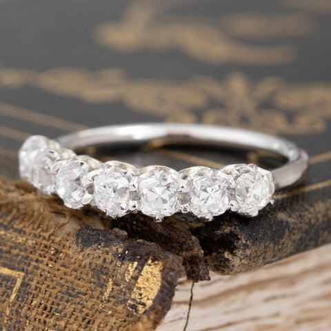 Antique lovers’ 1.04ctw Old Mine Cut Diamond 7-Stone Band in platinum, featuring rare Earth-mined Old Mine Cut Diamonds
